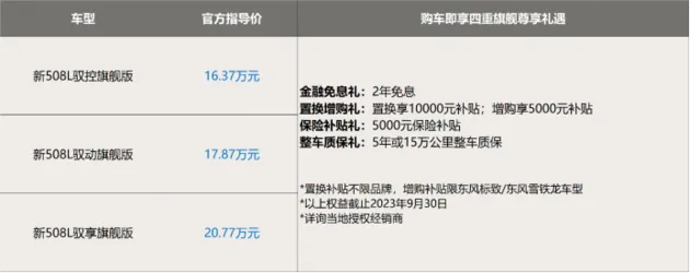 东风标致新508L正式上市，售价16.37万元起